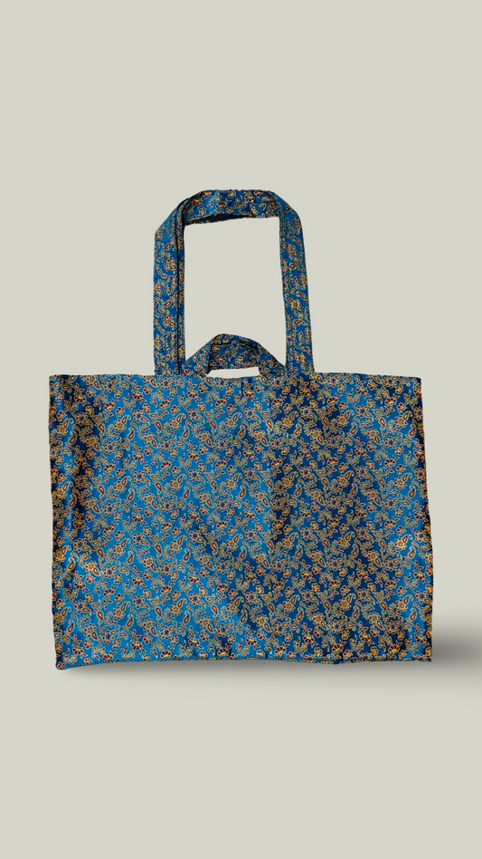 Large Blue Silk Tote Bag With Paisley Design