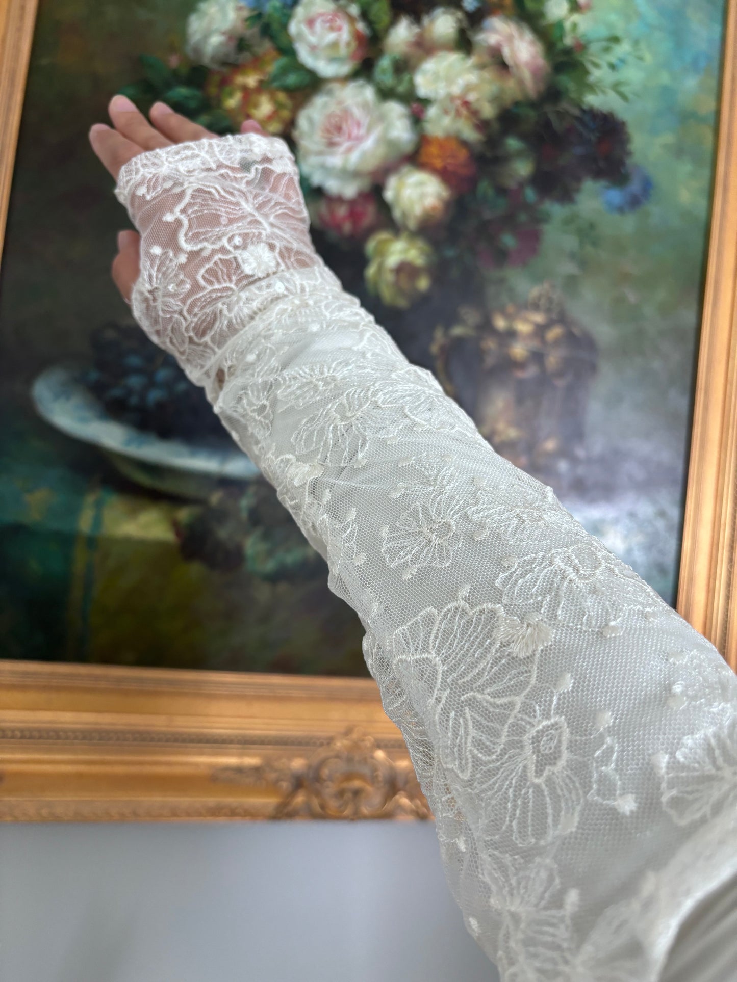 White and Beige Wedding Corset With Matching Gloves