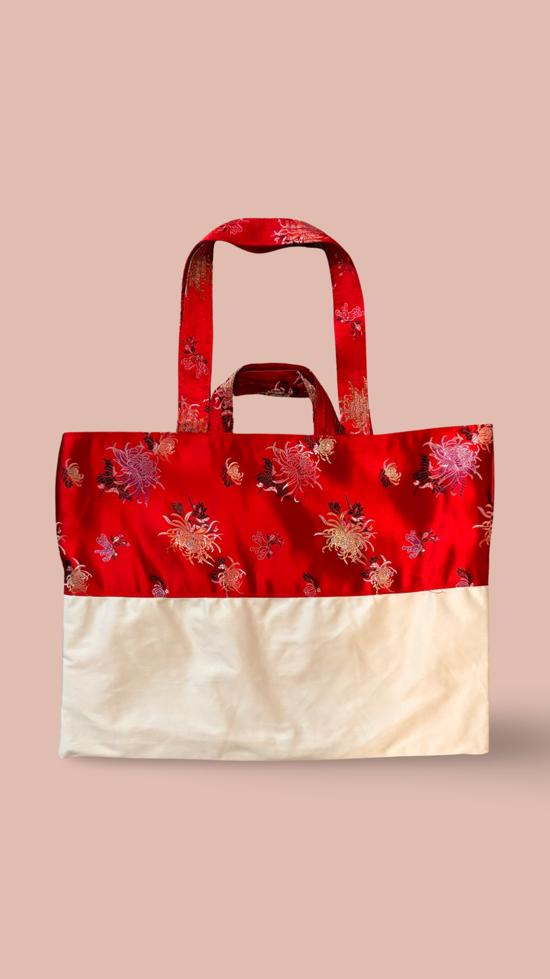 Red And White Silk Tote Bag With Floral Design
