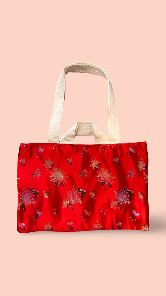 Red Silk Tote Bag With Floral Design