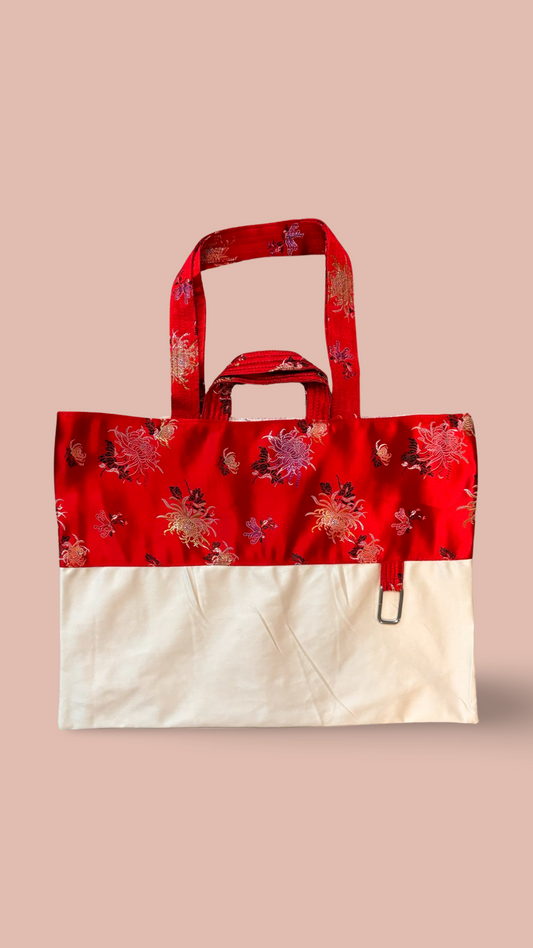 Red And White Silk Tote Bag With Floral Design