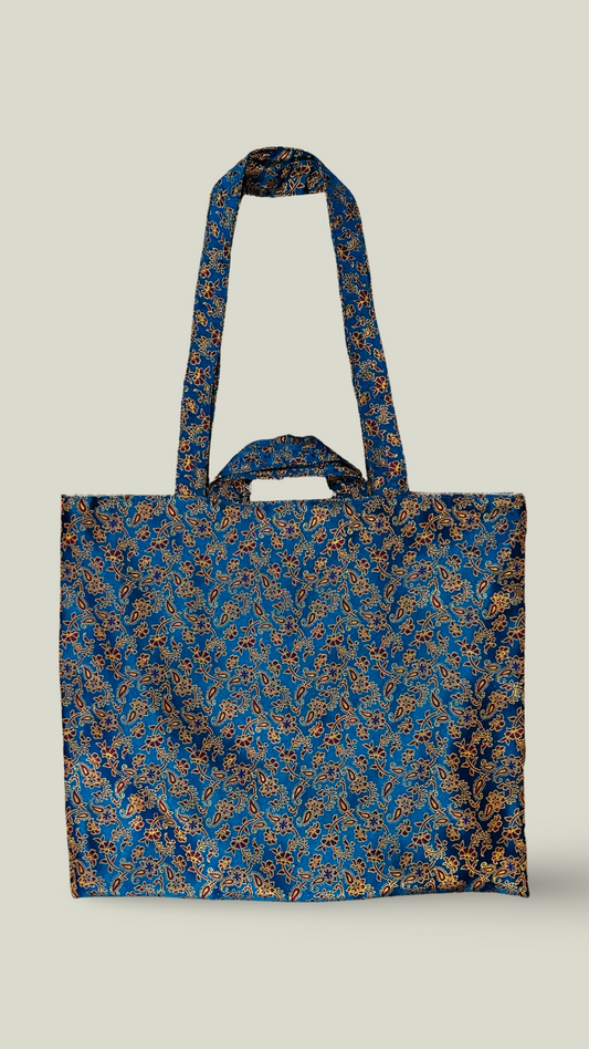 Small Blue Silk Tote Bag With Paisley Design