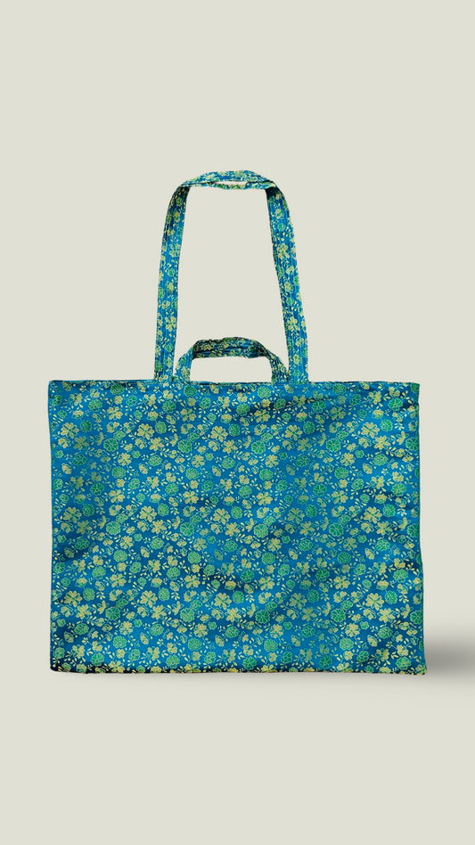 Blue And Green Tote Bag With Floral Print
