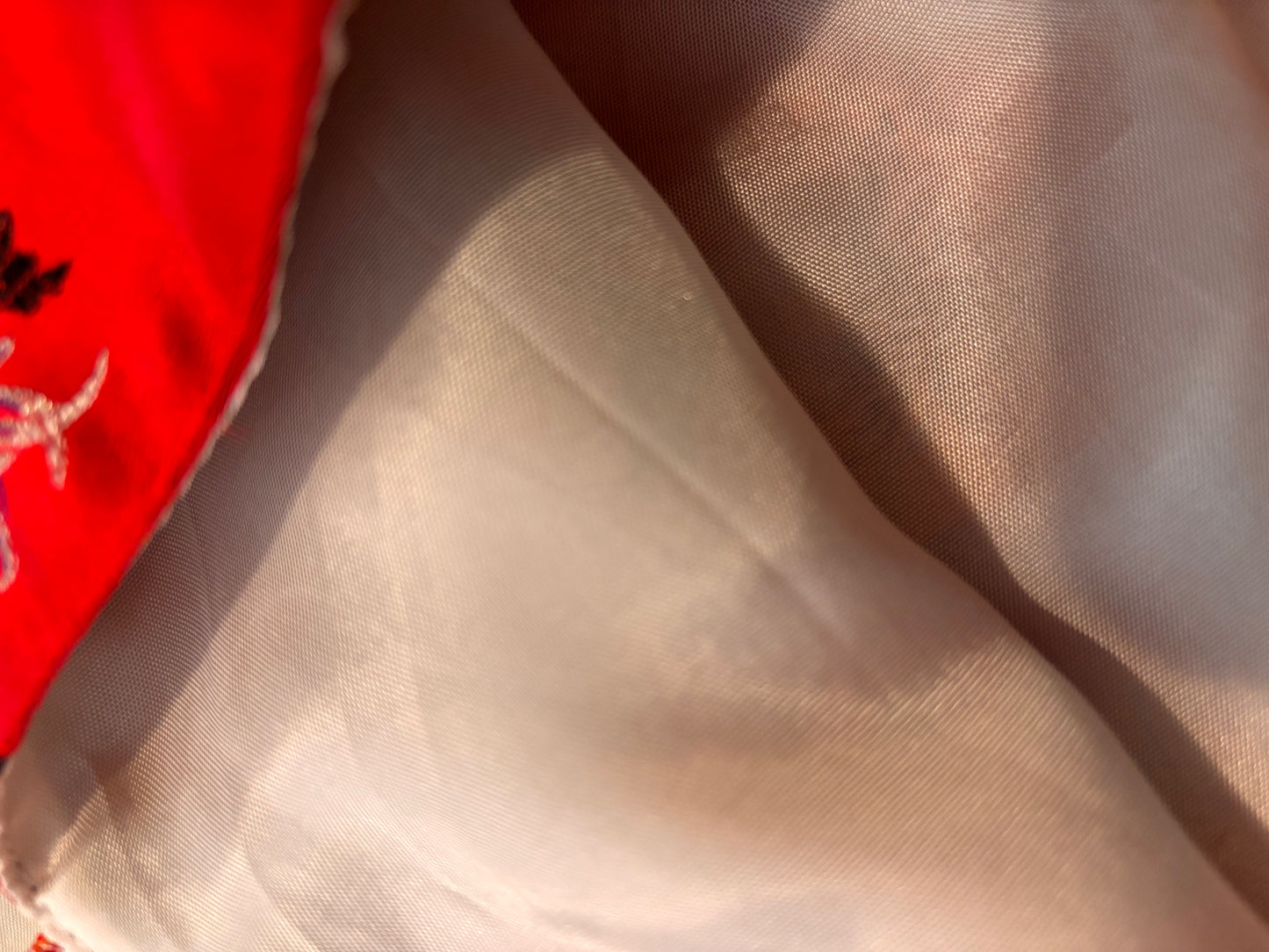 Red And White Silk Tote Bag With Floral Design