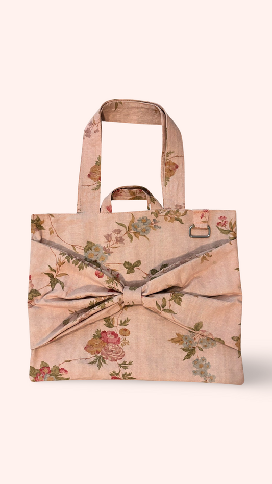 Pink Floral Tote Bag With Bow Detail and Keychain Holder