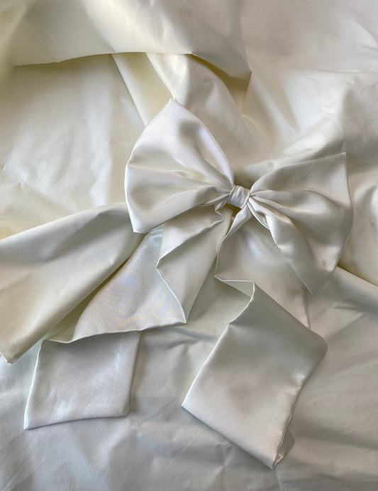 White Silky Hair Bow With Long and Wide Tails