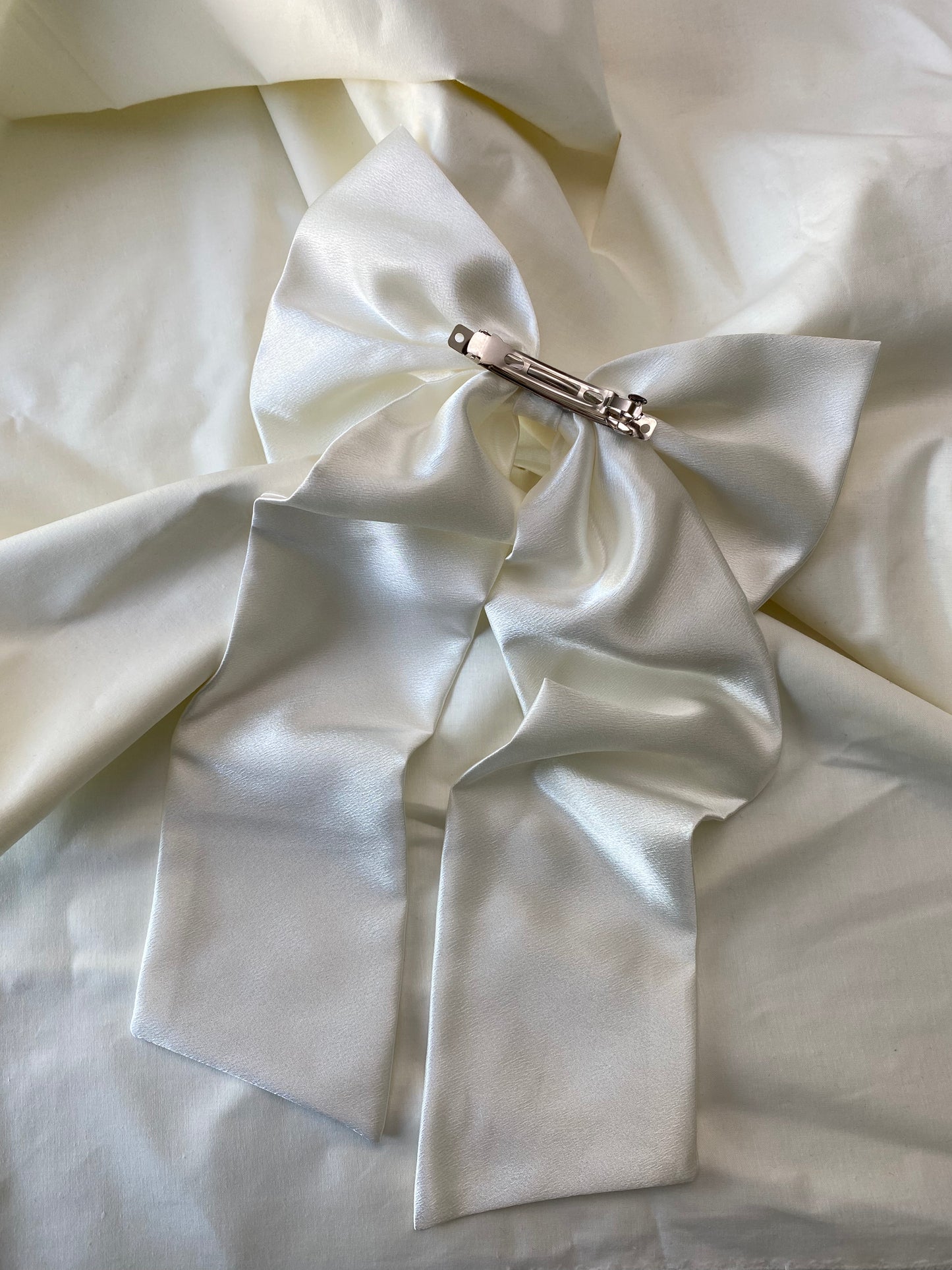 White Silky Hair Bow With Long and Wide Tails