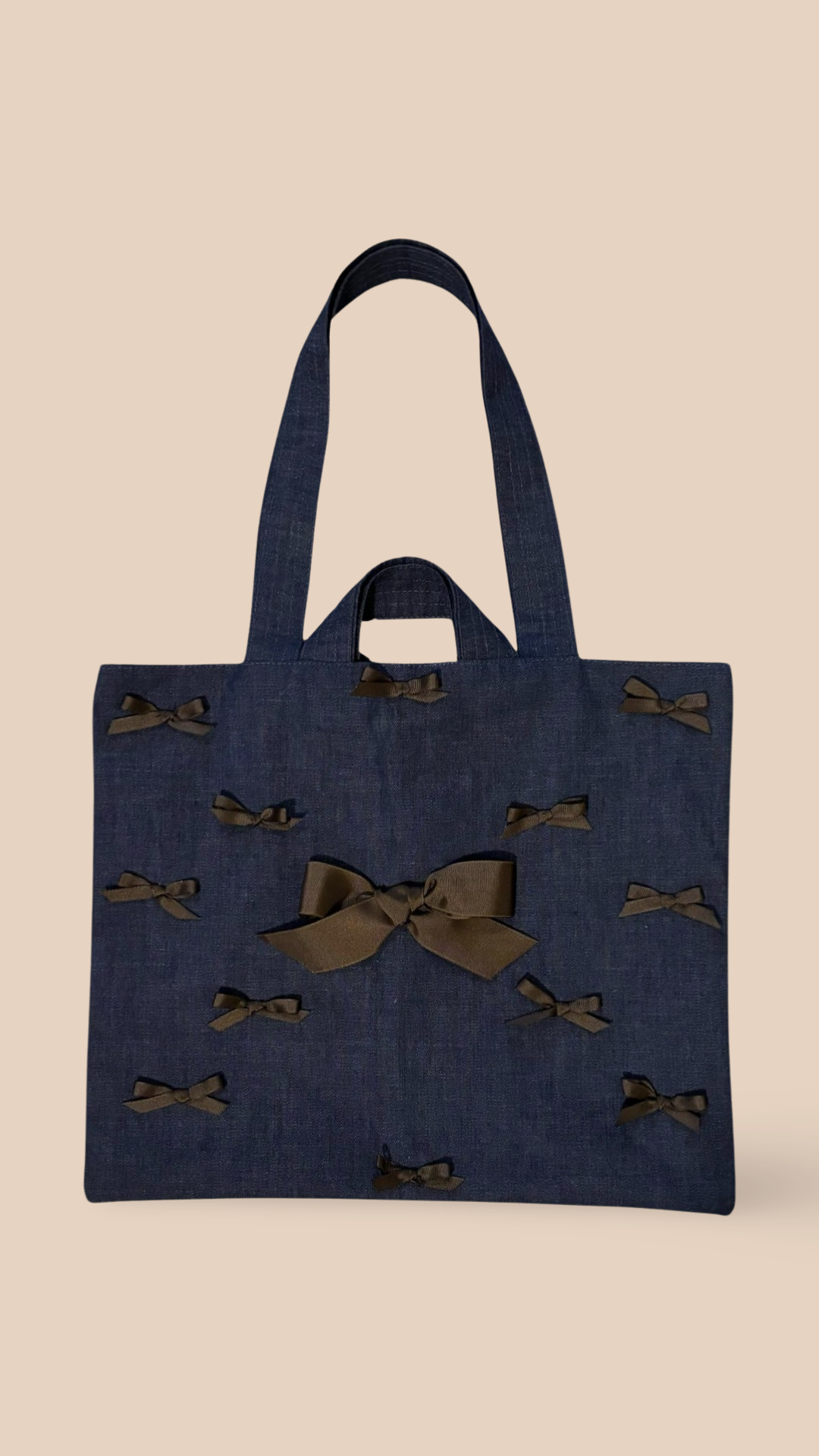 Dark Denim Tote Bag With Brown Bows