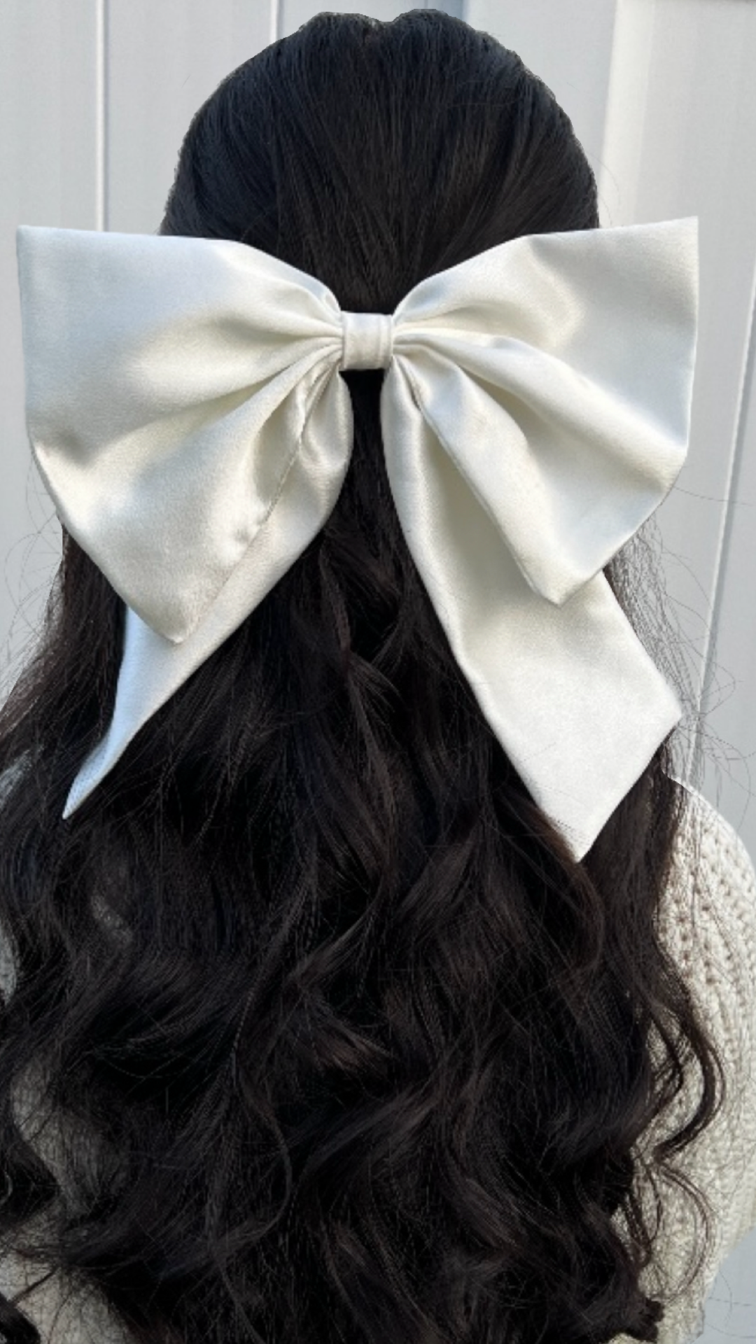 Large White Silky Hair Bow With Thin And Short Tails